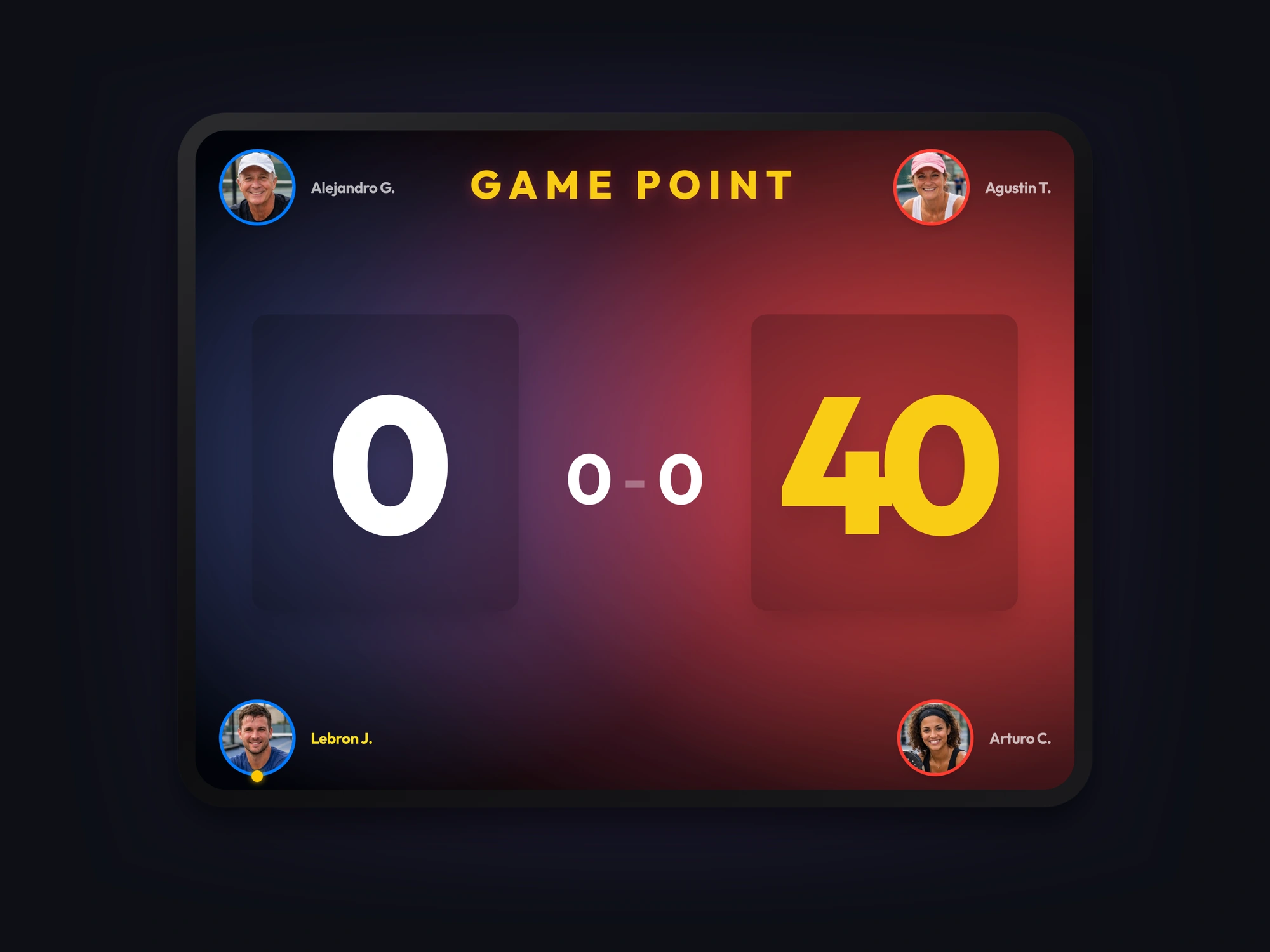 Live match scoreboard on a courtside tablet