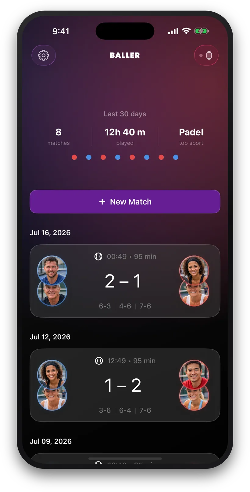 Baller Score match history home screen